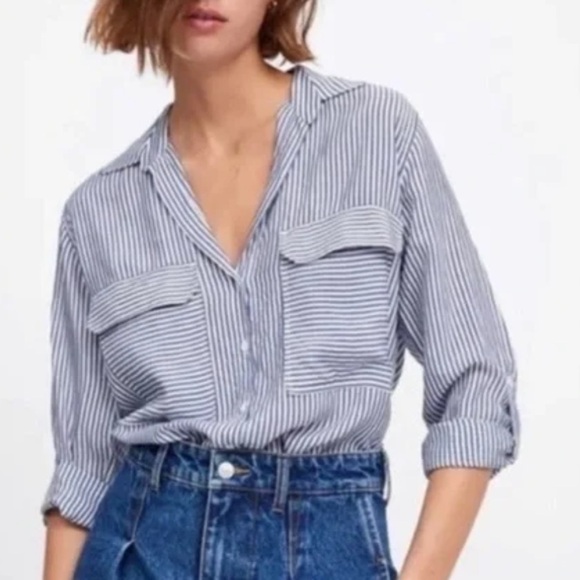 Zara Striped Button Front Shirt - Picture 2 of 9